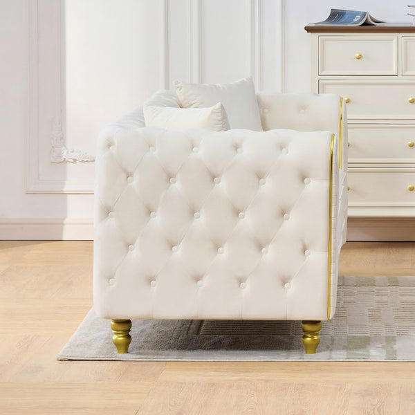 English Elm 86" Chesterfield Velvet Three Seat Sofa Button Tufted Rolled Arms Gold Legs Living Room Beige W3373S00079