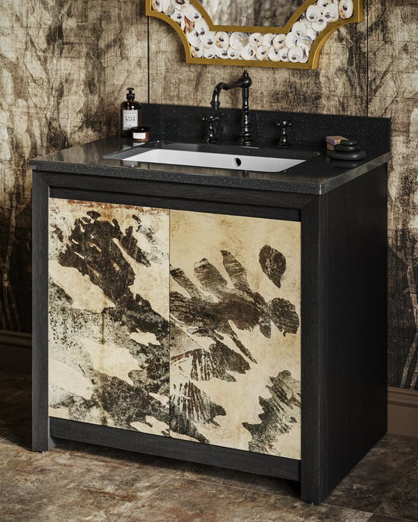 Currey & Company Karlson 36" Bath Vanity With Abstract Pattern Doors, Black Granite Top & Undermount Sink Storage Solutions Black Oak Solids & Veneer ,Leather Vellum ,Granite ,Vitreous China 3800-0014-currey-company