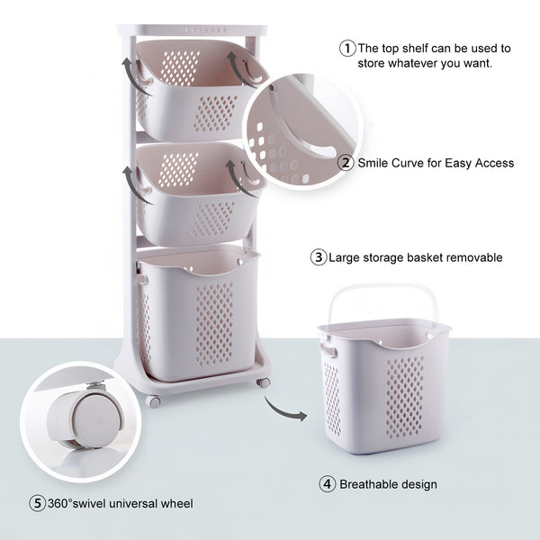 English Elm 4-Tier Laundry Hamper Sorter with Wheels - Removable Rolling Baskets, Space-Saving White Organizer for Small Rooms W3101P335166