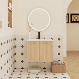 English Elm 24" Floating Oak Plywood Bathroom Vanity Set with Glossy Resin Sink Scandinavian Style W3450S00068