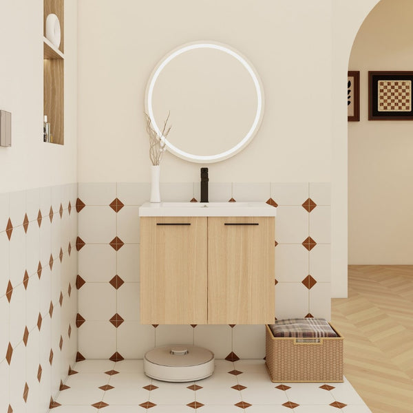 English Elm 24" Floating Oak Plywood Bathroom Vanity Set with Glossy Resin Sink Scandinavian Style W3450S00068