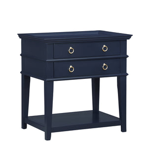 English Elm Carmona Midnight Blue Tray Top Nightstand with Two Drawers, Open Shelf, Brushed Gold Ring Pulls Dark Blue B050P376935