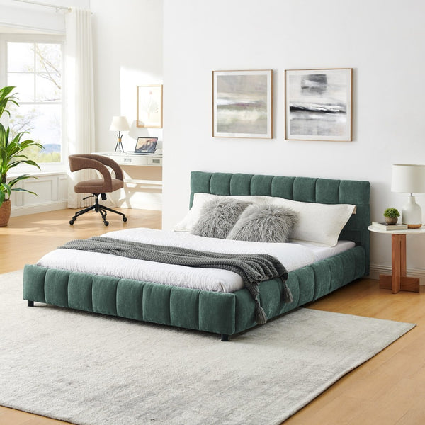 English Elm Queen Chenille Upholstered Platform Bed with Storage Drawers and Padded Headboard Blue+Green W487P235285