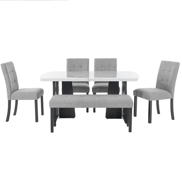 English Elm 6 Piece Dining Set with Rectangular Solid Wood Table, Upholstered Chairs & Bench, Rustic Charm, Easy Assembly, Seats 6 Gray,White N752S000011E