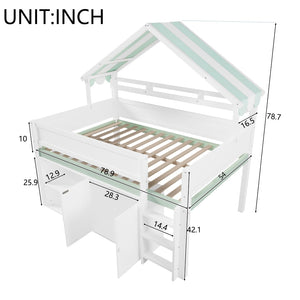 English Elm Full Size Pine Loft Bed with House Canopy Roof Built-in Shelves Kids Bedroom N7090005012F