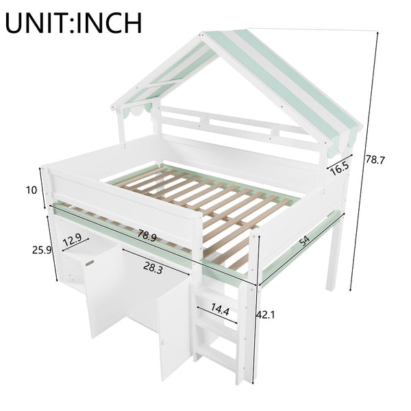 English Elm Full Size Pine Loft Bed with House Canopy Roof Built-in Shelves Kids Bedroom N7090005012F