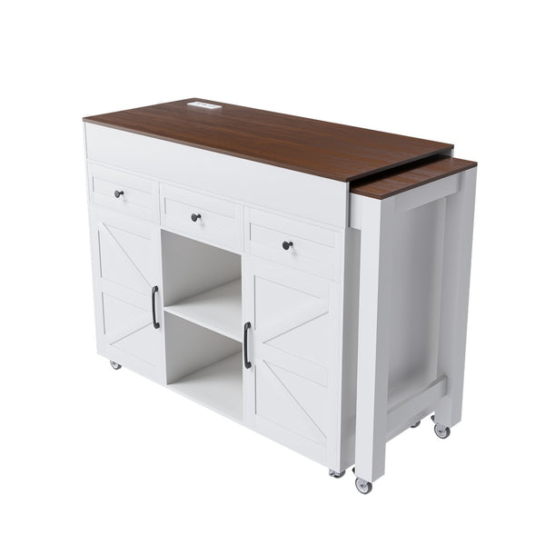 English Elm 74.8" Rolling Kitchen Island Extendable Marble Veneer Top with Power Outlet and Storage W2700S00105