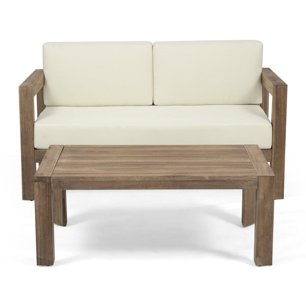 English Elm Christopher Knight Home® - GENSER Plush Beige & Brown Loveseat with Acacia Coffee Table — Water-Resistant Cushions, Durable Outdoor Set 66073.00DLBGE