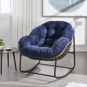 English Elm Outdoor Rattan Rocking Chair Oversized Hand-Woven Patio Egg Recliner with Plush Cushion Comfortably Rocking Navy Blue W640P271520