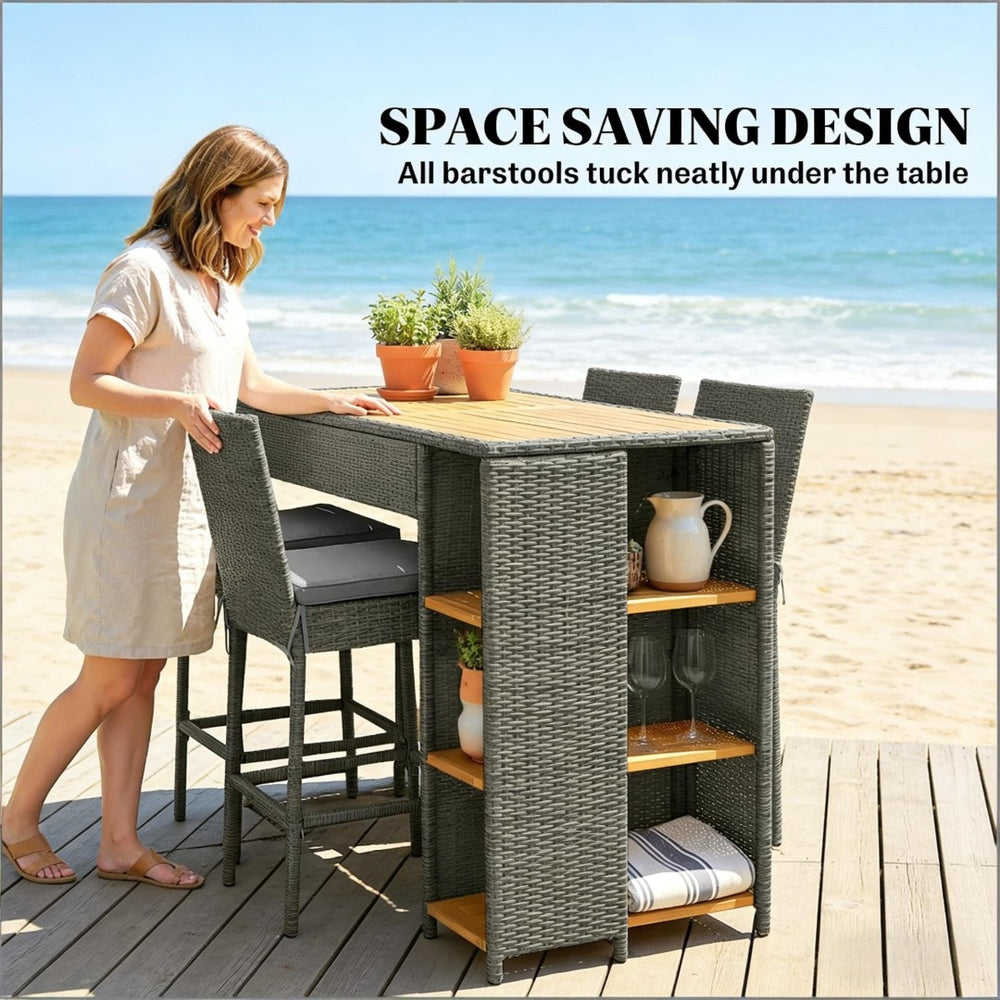 English Elm Garden Dialogue Acacia and Wicker Outdoor Bar Set with Four Tucking Barstools Gray,Natural Wood T3971S00204