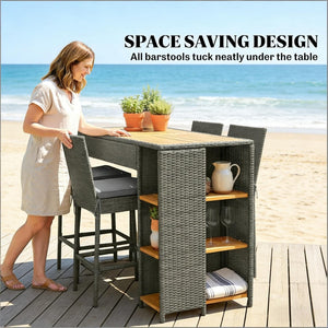 English Elm Garden Dialogue Acacia and Wicker Outdoor Bar Set with Four Tucking Barstools Gray,Natural Wood T3971S00204