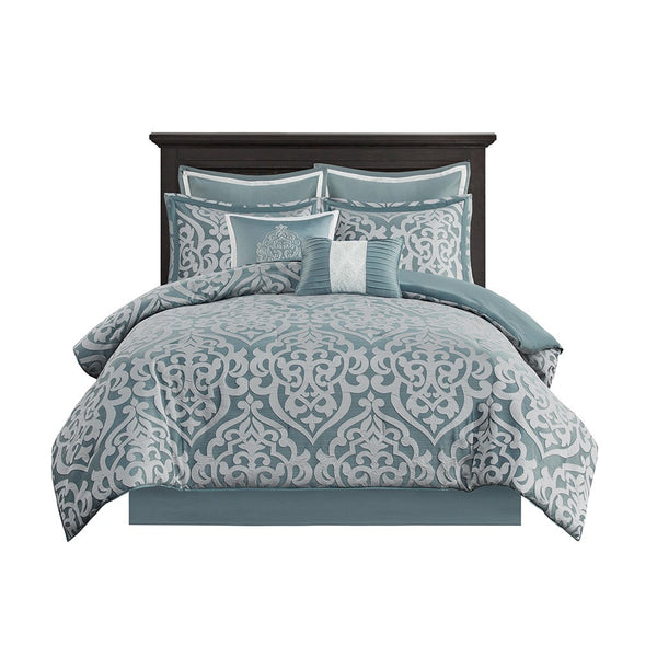 English Elm 8 Piece Jacquard Comforter Set - Luxurious Aqua/Silver Cal King Ensemble For Year-Round Elegance B035128884