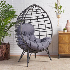 English Elm Christopher Knight Home® - SANTINO Teardrop Wicker Chair with Water‑Resistant Cushion, Gray Faux Rattan, Iron Frame, Cozy Lounger 65646.00GDGRY