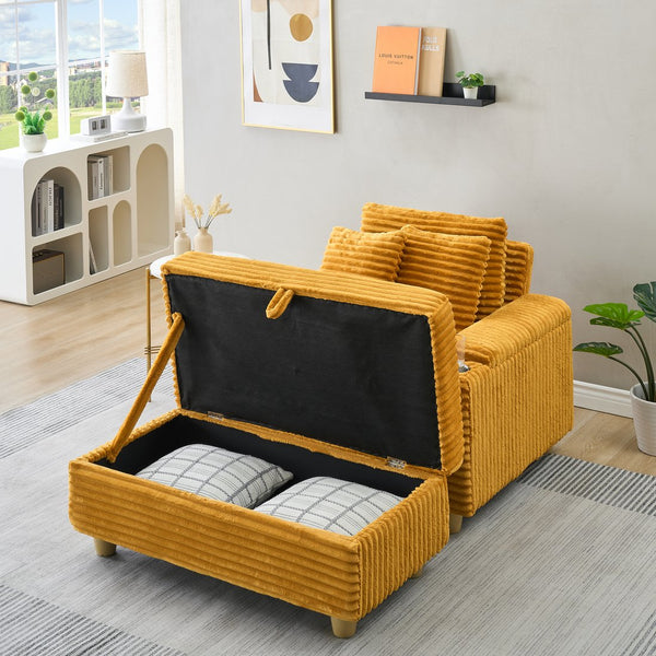 English Elm Orange Corduroy Single Sofa with Ottoman Storage, Built-In Armrest Compartments, Removable Pillow Covers W1658S00140