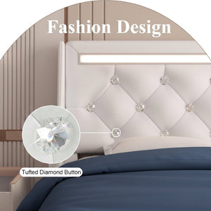 English Elm Queen Platform Bed Wingback Diamond Quilted Headboard Led Lighting Storage Drawers White W5722P462686