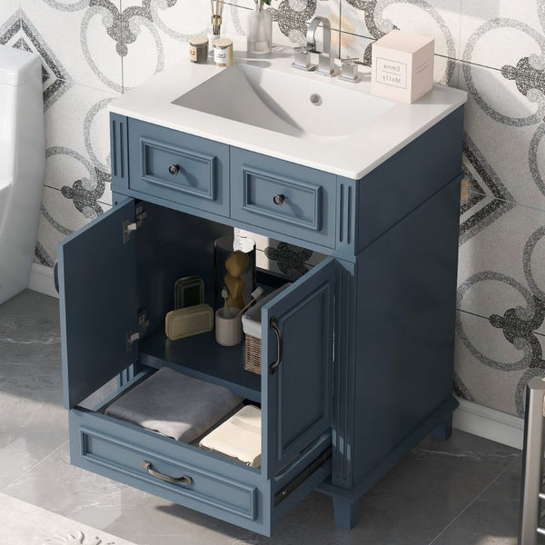 English Elm 24'' Retro Bathroom Vanity Solid Rubberwood Frame Ceramic Sink Soft Close Storage Blue N710P405405C