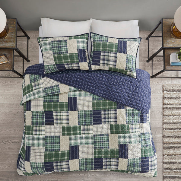 English Elm 3 Madison Park Timber Reversible Quilt Set Full/Queen – Green Navy Patchwork Lodge Style, Soft Cotton-Rich Fill, Machine Washable B03597591