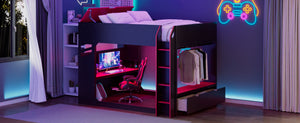 English Elm Full Size Loft Bed with Rgb Lighting Desk Drawers Hanging Rod Teen Bedroom Red LT000288AAJ-1