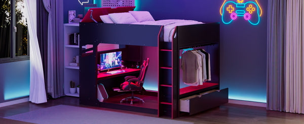 English Elm Full Size Loft Bed with Rgb Lighting Desk Drawers Hanging Rod Teen Bedroom Red LT000288AAJ-1