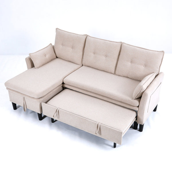 English Elm L-Shaped Reversible Chaise Sectional Sofa with Storage and Fold-Out Bed Cotton-Linen Modern Design Beige W3371S00024