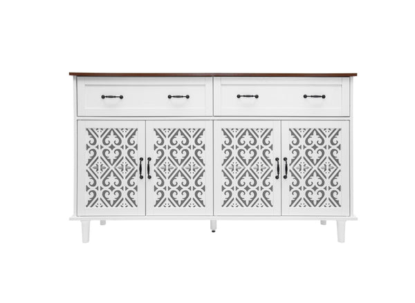 English Elm Vintage Farmhouse Sideboard with Hand-carved Doors Two-tone Distressed Wood Finish W688P360028