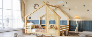 English Elm Twin House Bed Low Profile Pine Wood Frame with Shelf Montessori Kids Floor Sleeping Natural W5305P429645