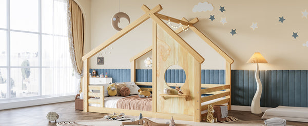 English Elm Twin House Bed Low Profile Pine Wood Frame with Shelf Montessori Kids Floor Sleeping Natural W5305P429645