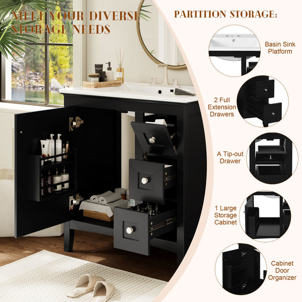 English Elm 30 Inch Bathroom Vanity with Ceramic Sink and 3 Smooth-Glide Drawers, Modern Moisture-Resistant Storage Black N710P252105B