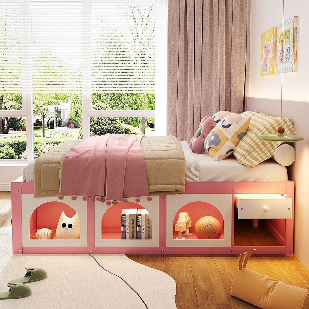 English Elm Full Size Kids Platform Bed with Led Lighting Bookshelf Display Cabinet and Storage Drawer Pink+White N820S00077H