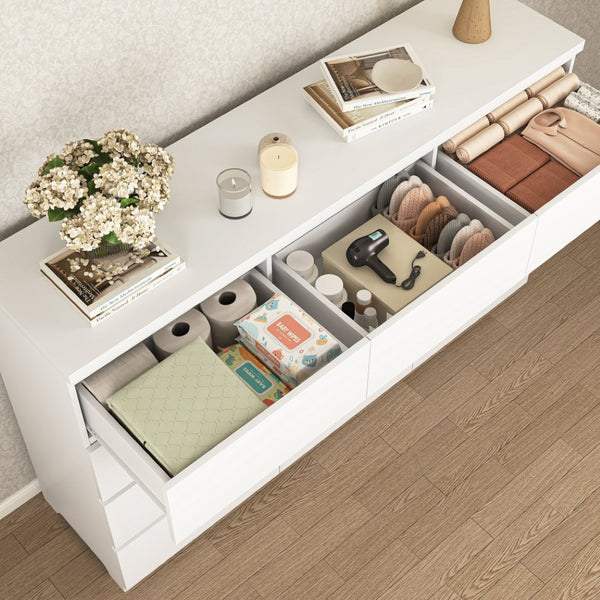 English Elm 12 Drawer Wide Double Dresser Modern Symmetrical Wood Storage Chest for Bedroom W409S00018