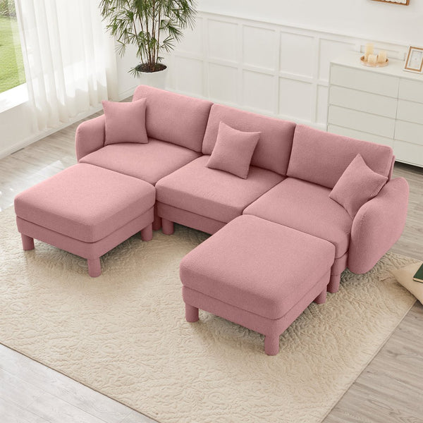 English Elm Boucle U-Shaped 3-Seater Sectional Sofa With Shell Armrests & Movable Ottomans In Chic Pink Color W3041S00294