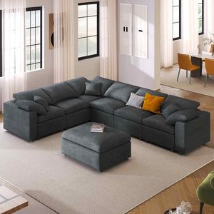 English Elm U_style Oversized Modular Sectional Plush Chenille Pine Frame Living Room Sofa with Ottoman Gray WY000453AAE