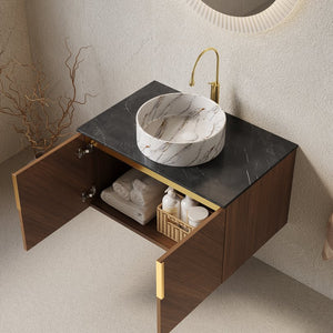 English Elm Arai 30" Wall-Mounted Bathroom Vanity With Sink, Elegant Black Countertop & Stylish Oak Cabinet Design W2615S00451