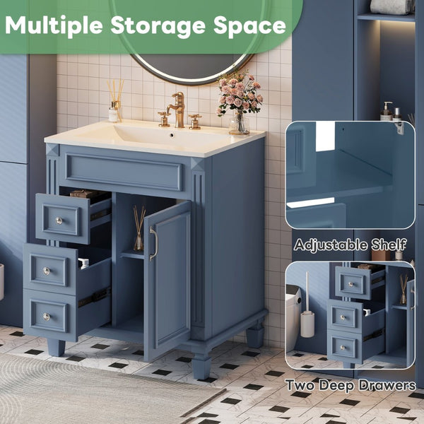 English Elm 24" French Inspired Bathroom Vanity with Ceramic Basin Soft Close Cabinet and 2 Drawers Blue N710P318990C