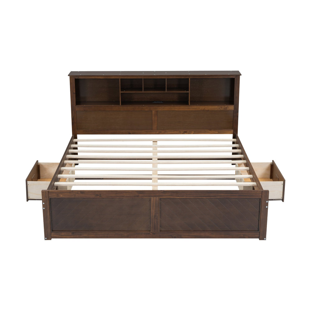 English Elm King Platform Bed with Multi-Storage Headboard, Built-In USB & Outlets, Side Drawers, Modern Design Wood GX000400AAD