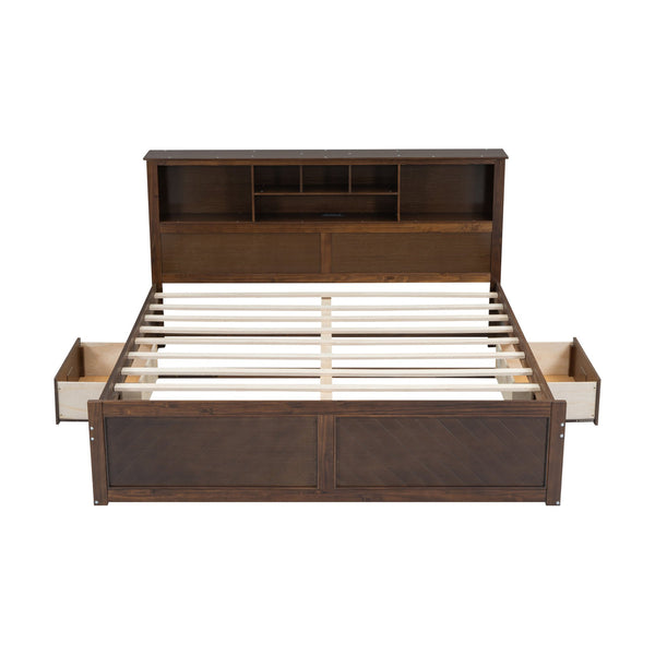 English Elm King Platform Bed with Multi-Storage Headboard, Built-In USB & Outlets, Side Drawers, Modern Design Wood GX000400AAD