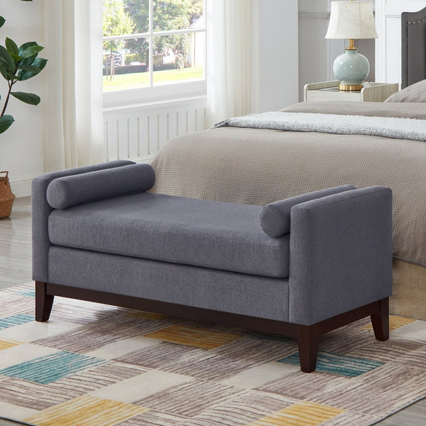 English Elm Large Boucle Upholstered Window Bench with Armrests and Throw Pillows for Entryway Dark Gray W2186P454320