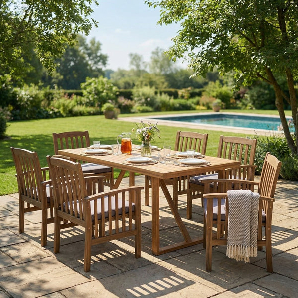 English Elm 7 Piece Solid Acacia Wood Outdoor Dining Set Six Chairs Slatted Table Patio Ready Dark Grey,Teak N762S000037AAE