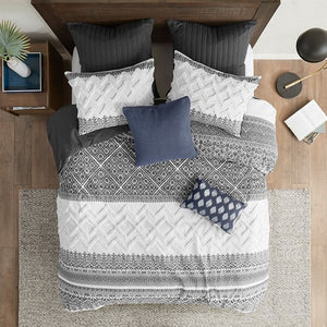 English Elm King/Cal King Mila 3-Piece Cotton Duvet Cover Set with Chenille Tufting, Gray Botanical Chevron Design, Button Closure, Machine Washable B03596502
