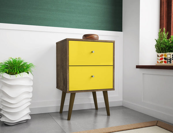 English Elm Liberty 18" Nightstand with 2 Drawers, Aqua Accent, Solid Wood Legs, Modern Handles, Compact Storage Brown+Yellow B365P398516