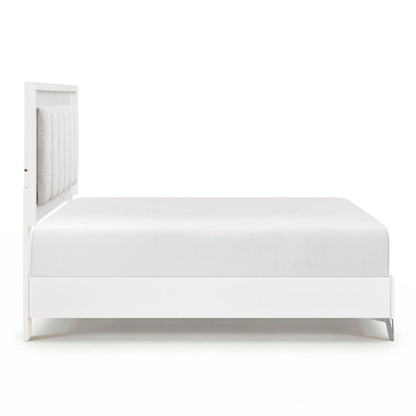 English Elm Glam Queen Bed Chenille Headboard with Led Lighting Faux Marble Chrome Legs B011S02252