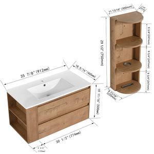 English Elm 36" Wall-Mounted Bathroom Vanity With Ceramic Sink, Dual Soft-Close Drawers & Side Rack Storage, Durable KD Packing W999S00344