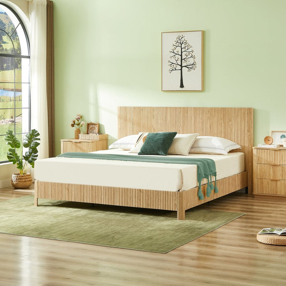 English Elm Queen Bed Frame with Led Lighting Curved Groove Panels and Floating Base Modern Bedroom W1820S00067