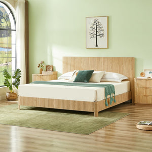 English Elm Queen Bed Frame with Led Lighting Curved Groove Panels and Floating Base Modern Bedroom W1820S00067