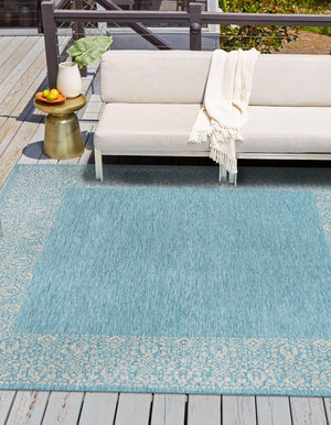 Unique Loom Outdoor Border Floral Border Machine Made Floral Rug Aqua, Ivory/Gray 10' 8" x 10' 8"