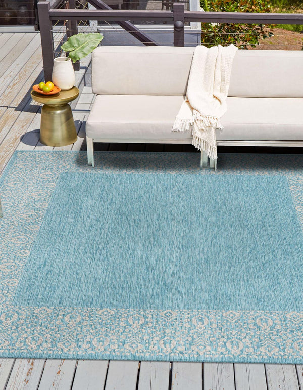 Unique Loom Outdoor Border Floral Border Machine Made Floral Rug Aqua, Ivory/Gray 10' 8" x 10' 8"