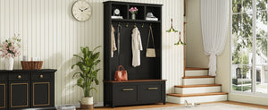 English Elm On-trend Entryway Hall Tree with Gold Hooks Bench Drawers and Shoe Cabinet Storage Black N721S000056B-1