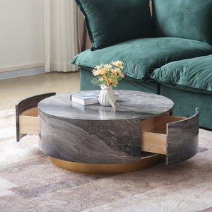 English Elm Tavola Round Coffee Table with Marble Pattern Top and Metal Legs, Two Drawers for Stylish Storage Brown B341P321163