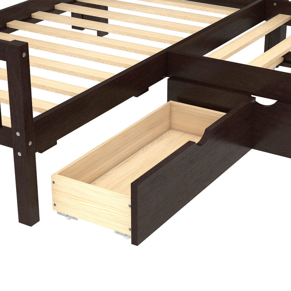 English Elm L-shaped Twin Platform Bed with Trundle, Solid Wood Corner Sleeper with Drawers, Shelves, No Box Spring Needed Espresso W1580S00261