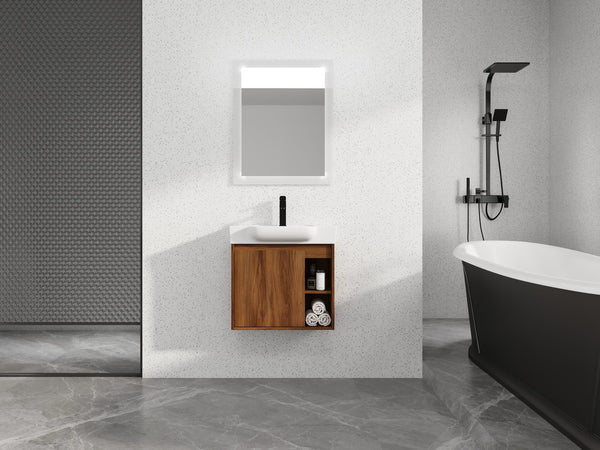 English Elm 24'' Wall-Mounted Bathroom Vanity with White Ceramic Sink, Soft-Close Door, Open Shelves, Moisture-Resistant Finish W999P263406